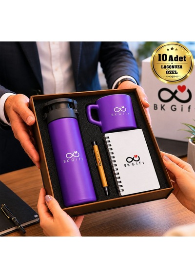 Logonuza Özel 10 Adet Ahşap Kutulu Mor Kurumsal Hediye Seti Cam Suluk, Seramik Fincan, Defter Ve Kalemli Promosyon Seti