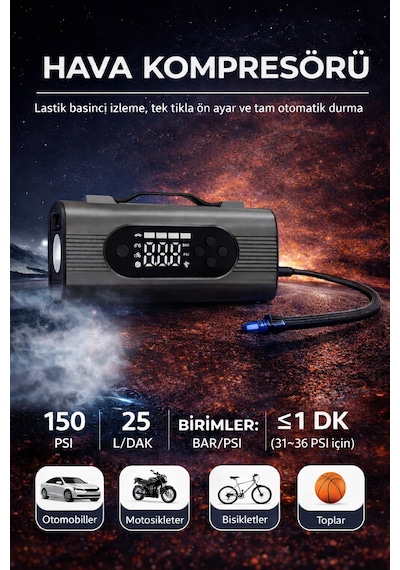 6in1 Akü Takviye Hava Kompresörü Süpürge 12000mah 1000a 150psı Powerbank Led