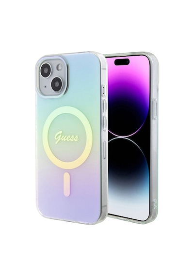 Apple Uyumlu iPhone 15 Kılıf Guess Lisanslı Magsafe Şarj Özellikli Yazı Logolu Iridescent Siyah