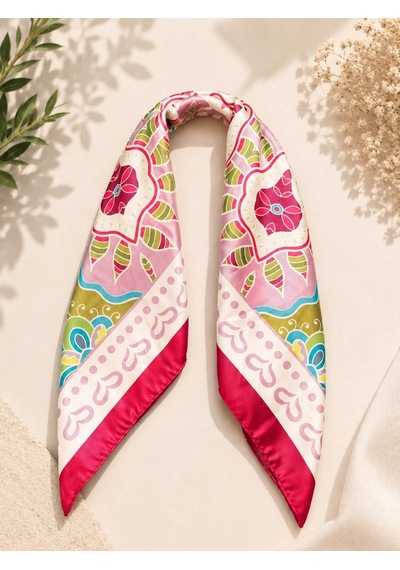 Kumru Studio Pembe Çiçek Desenli Renkli Bandana Ve Fular