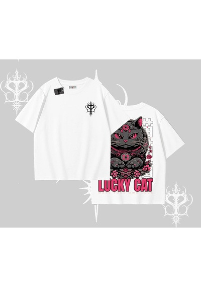 Tarzsokak Lucky Cat Japon Tarzı Kedi Baskılı Oversize Tshirt Beyaz