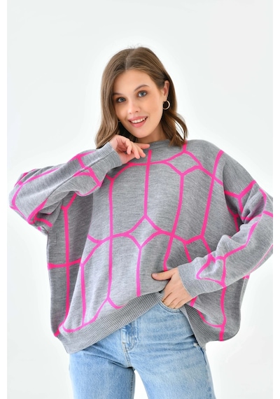 Park Karon Kadın Bisiklet Yaka Desenli Oversize Triko Kazak 224403 Gri