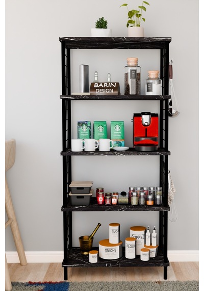 5 Raflı Çevir Kur Çok Amaçlı Raf Tel Yan Panel, Açık Raf Sistemli Metal Gövdeli Organizer Dolap Siyah Mermer