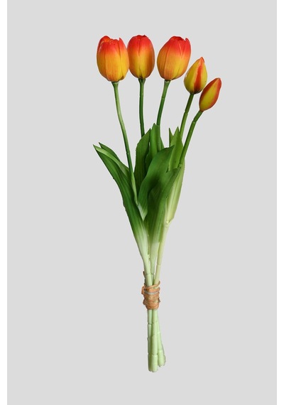 Turuncu Yapay Tulipa Lale Çiçeği Buketi 5 Dallı Premium Canlı Islak Dokulu 43 Cm