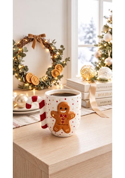 Kurabiye Adam Figürlü El Yapımı Seramik Mug 300 Ml 24k Altın Kahverengi - Altın