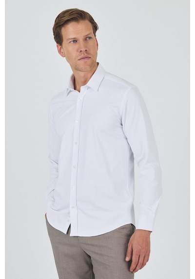 İmza Uzun Kol Düz Bez Ayağı Sert Yaka Cepsiz Pamuklu Classic Slim Fit Gömlek 1004250211 Beyaz