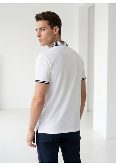 Giyim Dünyası Erkek Yaka Çizgili Polo Yaka Kısa Kol Tshirt Beyaz