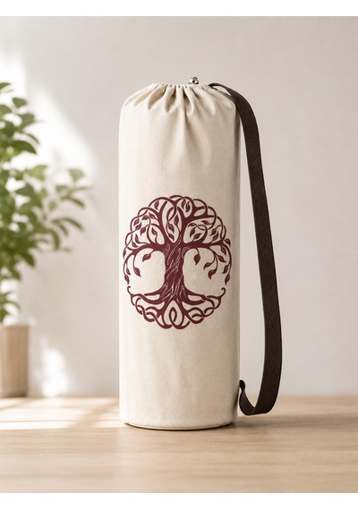 Yoga Mat Taşıma Çantası Hayat Ağacı Lotus Namaste Desenli Hambez Kanvas 70x21 Cm Kahverengi