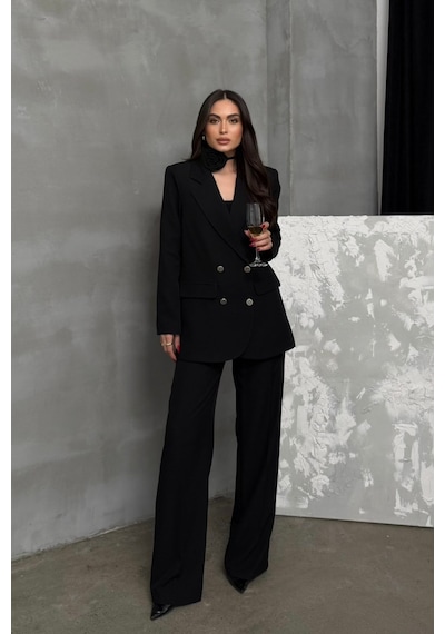 Msm Fashion Kadın İkili Blazer Ceket Pantolon Takım Aksesuar Ve Düğme Detaylı Bol Paça Siyah Msm Fashion Kadın İkili Blazer Ceket Pantolon Takım Aksesuar Ve Düğme Detaylı Bol Paça Siyah