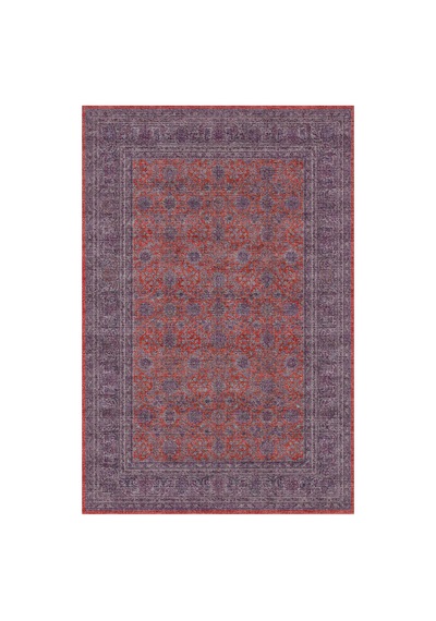 Zümrüt 03 Bordürlü Mor Kırmızı Gri Vintage Desenli Eskitme İnce Yıkanabilir Salon Ev Oda Halısı Kırmızı Mor