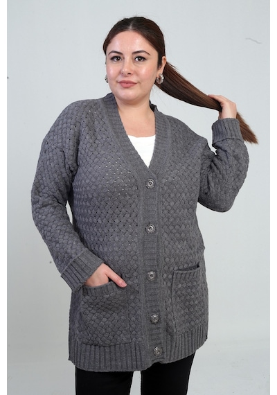 By Saygı Kadın Sepet Örgü Model Cepli Tunik Hırka Gri