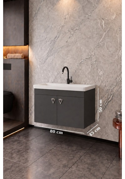 Kemer 80 Cm, Alt Banyo Dolabı, Lavabolu, Antrasit, Kapaklı Banyo Dolabı, Seramik Lavabo Dahil, Mdf