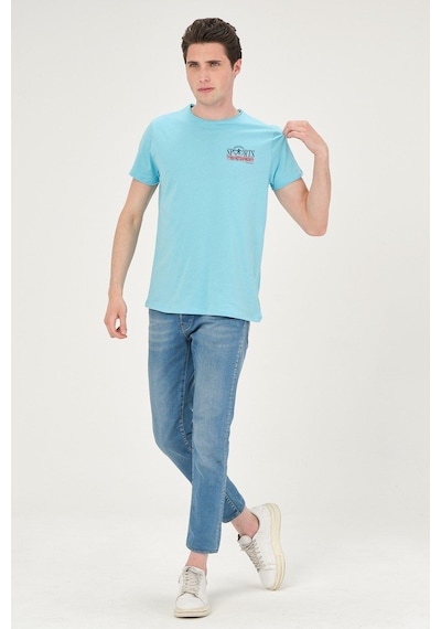 Erkek Yıkamalı Basic T-shirt Tişört %100 Pamuk Tişört Turkuaz