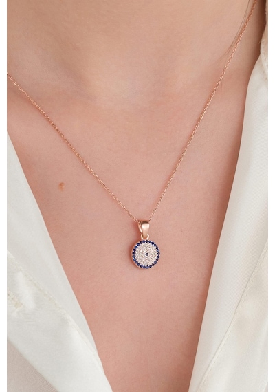 Tmt Silver 11 Mm Gümüş Rose Kaplama Mavi Lacivert Nazar Boncuklu Boncuğu Göz Kolye