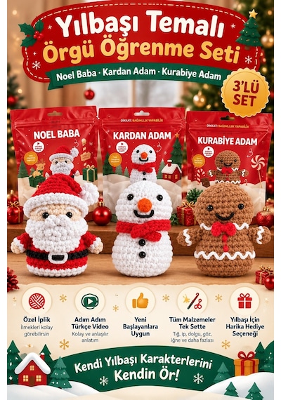 Selfıko Yılbaşı Örgü Öğrenme Seti Noel Baba Kardan Adam Kurabiye Adam Amigurumi 3'lü Hobi Kiti Çok Renkli
