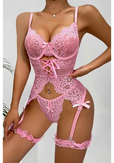 Angbutik Kadın Özel Tasarım Dantelli Pembe Jartiyer Takımı