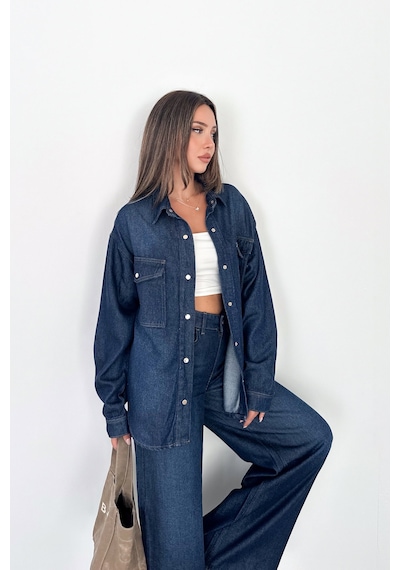 Kadın Koyu Mavi Jean Denim Oversize Kalıp %100 Tencel Dökümlü Cepli Düğmeli Kot Gömlek Sofia-6004