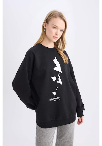 DeFacto Oversize Geniş Kalıp Bisiklet Yaka Atatürk Baskılı Sweatshirt E5445AX24WNBK81 Siyah