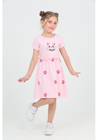 Toontoy Kids Toontoy Kız Çocuk Kedi Baskılı Elbise Açık Pembe