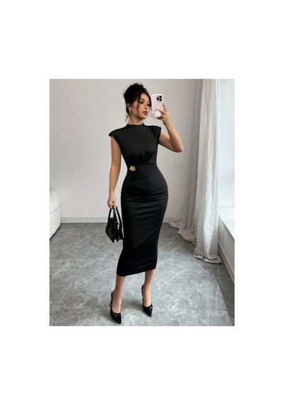 Butik İstanbul Kadın Yarı Balıkçı Yaka Kısa Kollu Çicek Aksesuar Detaylı Midi Dalgıç Elbise Siyah