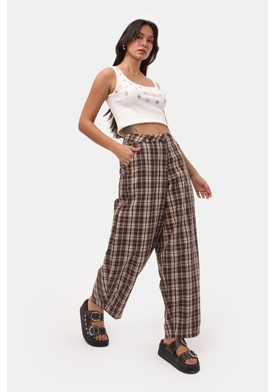 it's basic Kadın Kahve Ekose S6-14 Skater Fit Bol Kesim Pantolon