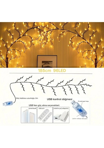 Shopytech Dal Şeklinde Led Duvar Işığı 1.85m 96 Led Sıcak Beyaz Usb Uzaktan Kumandalı Zamanlayıcılı Çok Renkli