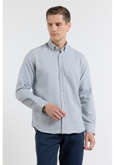 İmza Mavi - Beyaz Düğmeli Yaka Uzun Kol Cepsiz Slim Fit Pamuklu Gömlek 1004260164