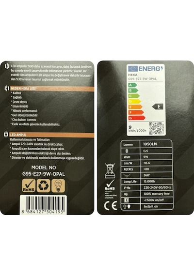 5 Adet Heka 9w 67w 3000k Sarı Işık E27 Duylu Kalın Duy Led Glop G95 Ampul Heka