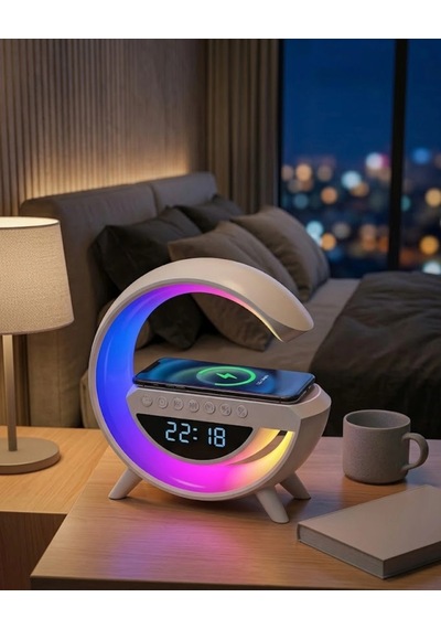 Kablosuz Şarjlı Led Işıklı Masa Saati Bluetooth Hoparlör Alarm Fonksiyonlu