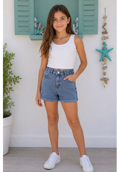 Bilge Trend Kız Çocuk Duble Paça Denim Kot Şort Mavi