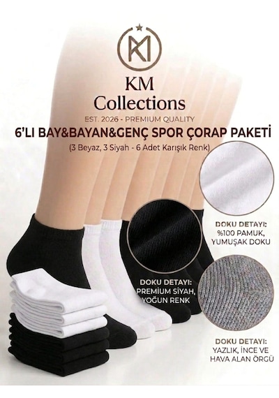 Km Collections 6'lı Ekonomik Paket Pamuklu Kısa Çorap Kadın&erkek Beyaz