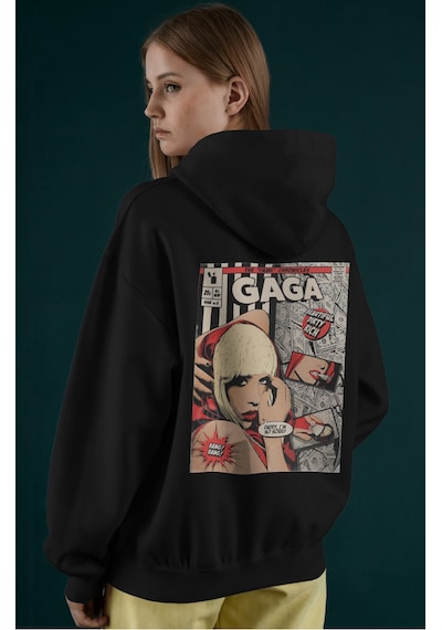 Sevbano Lady Gaga Şarkıcı Sırt Baskılı Unisex Oversize Penye Hoodie Siyah