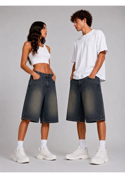 St.poll Eskitme Yıkama Unisex Baggy Denim Şort Kahverengi