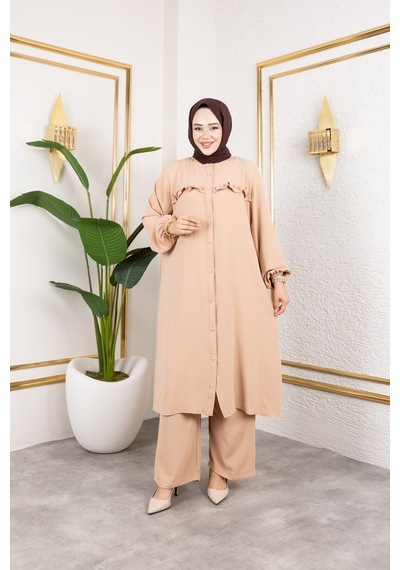 Nevayla Moda Ayrobin Kumaş İnci Detaylı Takım / T105 - Vizon Vizon
