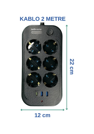 Techmaster 2 Usb + Type-C Akım ve Çocuk Korumalı 6lı Priz 2mt