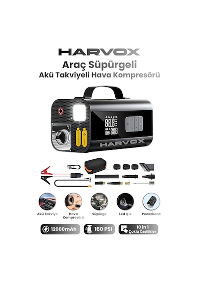 Harvox Hv001 Jump Starter Süpürgeli Akü Takviye Cihazı 10 İn 1 12000 Mah Kompresörlü Powerbank