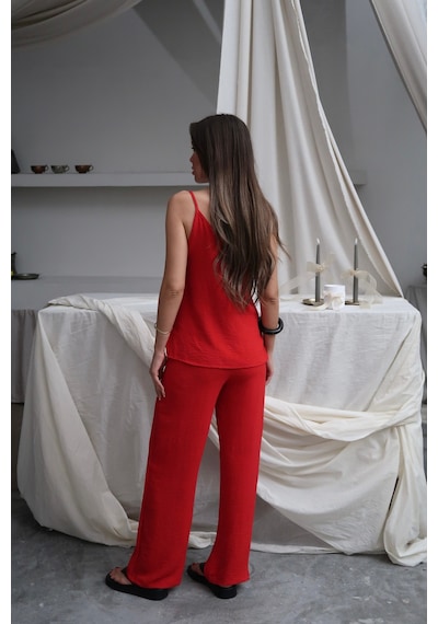 Paw Garage Kadın Shay Kırmızı Ayrobin Ip Askılı Bluz Bol Paça Pantolon Takım, Yaz Yeni Sezon Paw Garage Kadın Shay Kırmızı Ayrobin Ip Askılı Bluz Bol Paça Pantolon Takım, Yaz Yeni Sezon