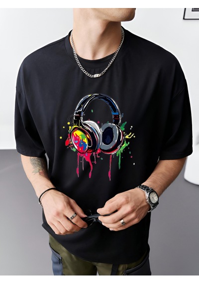 Kulaklık T-shirt - Baskılı Oversize Bisiklet Yaka Kısa Kol Tişört Siyah