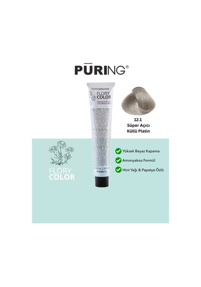 Puring Flory Color Papatya Özlü Amonyaksız Saç Boyası 100 ML 12.1 Süper Açıcı Küllü Platin