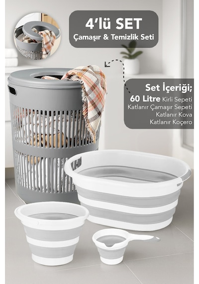 4'lü Set - 60 Lt Solara Kirli Sepeti Gri, Katlanabilir Silikon Çamaşır Sepeti, Su Kovası, Maşrapa Gri