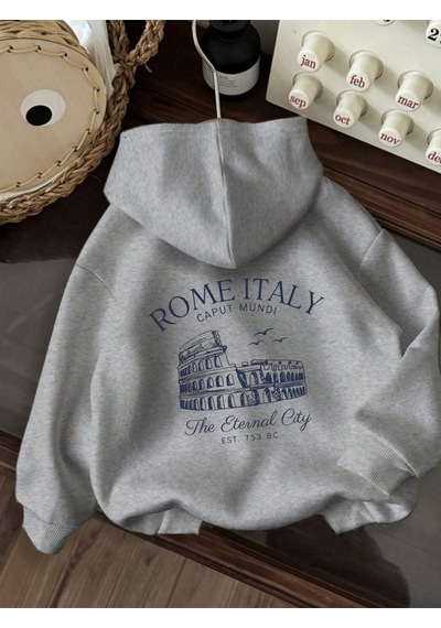 Uyguntarz Unisex Rome Italy Baskılı Oversize Sweatshirt Gri