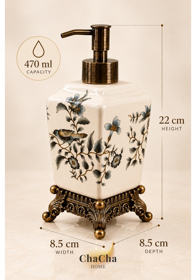 Chacha Home Aurelia Seramik Sıvı Sabunluk 470 Ml Antik Bronz Görünümlü Ayaklı Ve Pompalı 22 Cm Açık Gri
