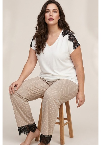 Siyah İnci Desenli Büyük Beden Battal Boy Viskon Örme Pijama Takım 26119532 Ekru