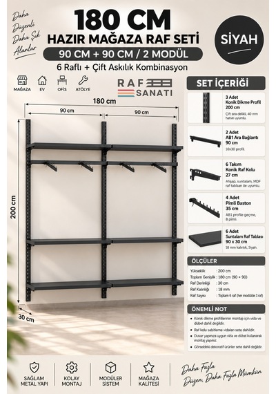 180 Cm Duvar Raf Askılık Sistemi 6 Raflı 2 Modül 200 Cm Konik Dikme Hazır Set Siyah