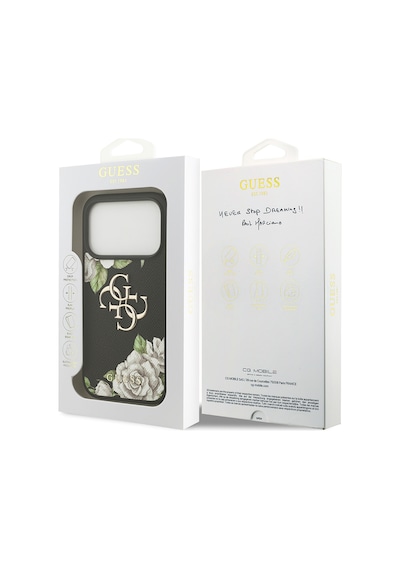 Apple Uyumlu iPhone 17 Pro Kılıf Guess Lisanslı Gül Baskılı Büyük Metal Logo Dizaynlı Kapak Siyah Siyah