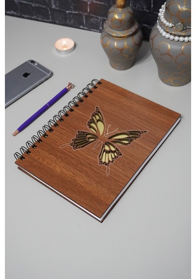 Kelebek Desenli Ahşap Defter - Ajanda - Günlük - Çizgisiz Defter Ahşap Rengi Ceviz