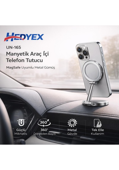 Hedyex Un-165 Manyetik Araç İçi Telefon Tutucu Magsafe Uyumlu Metal Gümüş