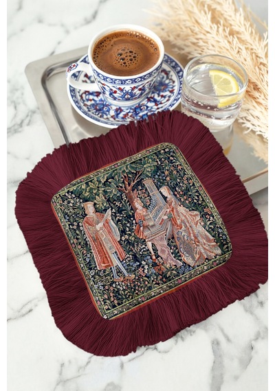 Avangart Saray Şıklığı Saçaklı Sunum Peçetesi-ortaçağ Bahçe Temalı Gotik Bordo Bardak Altlığı Mendil Çok Renkli