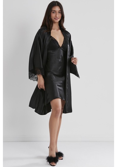 Pierre Cardin 4250 Kadın Saten Dantelli Gecelik&sabahlık Takım - Siyah Siyah
