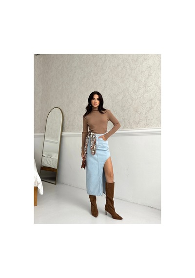 Kene Jeans Yüksek Bel Buz Mavi Uzun Ön Parçalı Asimetrik Kot Etek Buz Mavi